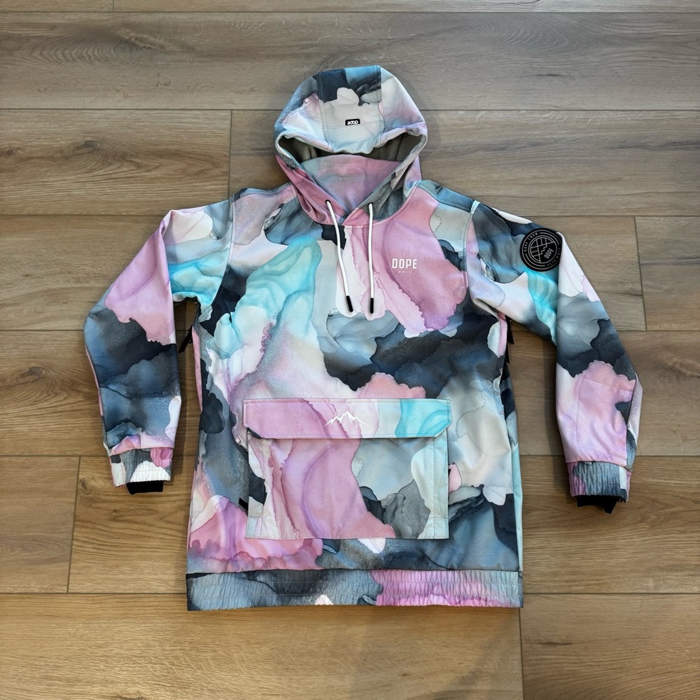DOPE Women's Ski Anorak in Pink, Light Blue & Gray Watercolor Camo - Picture 2 of 8
